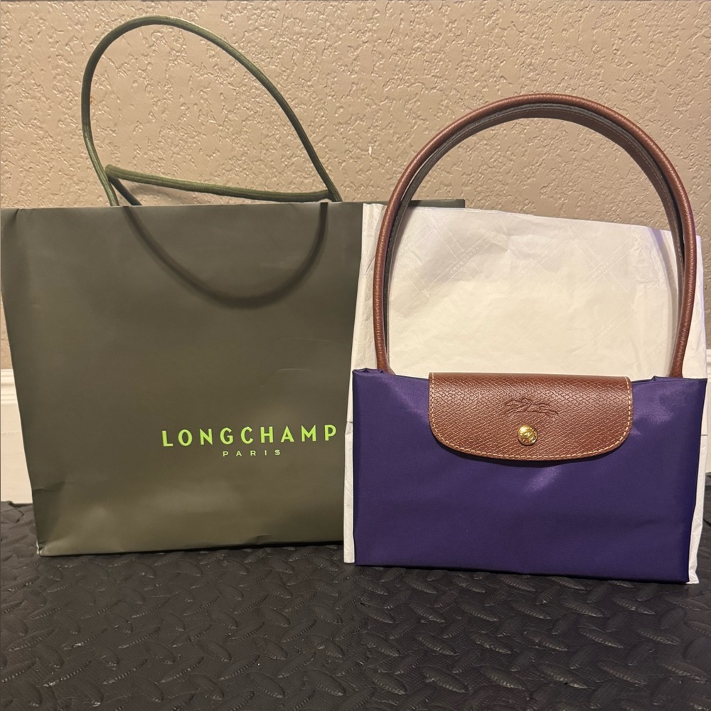 Longchamp Le Pliage Original M Violet Tote with Brown Russian cowhide handle